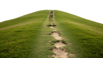 A grassy hill with a winding dirt path and footprints at nighttime