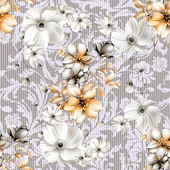 White rose pattern with a printed background on fabric