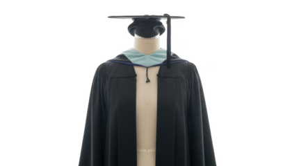 Graduation gown and cap on mannequin with blue trim academic regalia mortarboard