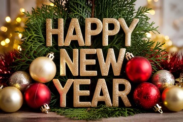 Happy New Year Greeting with Gold Glitter Text, Christmas Decorations and Golden Bokeh Background
