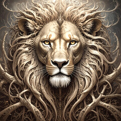 Majestic bronze metallic lion head 3D with flowing textured mane