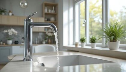 Modern home interior showing water-saving habits, closed tap with water droplets, clean sink area, natural light, eco-friendly lifestyle concept, photorealistic, no people
