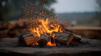 A glowing campfire with burning logs and bright sparks rising into the blurred outdoor atmosphere under an overcast sky