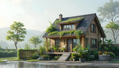 Eco-friendly home concept with rainwater collection and efficient water use, simple residential setting, green sustainability theme, realistic style, clean composition
