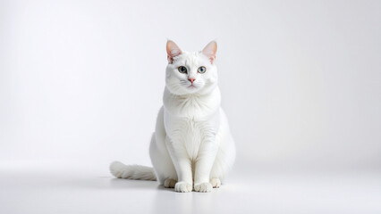 Minimalist White Cat Sitting on Clean Background