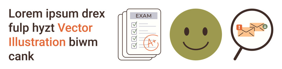 Education, evaluation, career success, communication, mail security, online search. Exam score sheet, happy face magnifying glass with an envelope. Education and evaluation concept