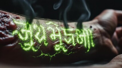 Hand with glowing text etched on skin, depicting an eerie symbol surrounded by smoke. Concept of horror elements, ideal for projects related to supernatural themes or suspenseful narratives.