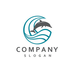 emblem of dolphin and sea waves isolated on white background