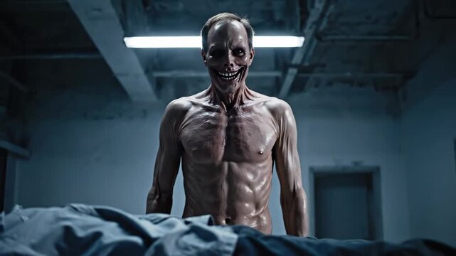 Distorted figure emerging from shadows in a dimly lit room, embodying themes of horror and suspense. Useful for horror video concepts or chilling moments in storytelling.