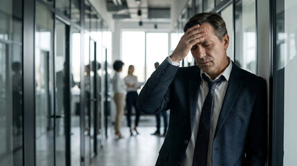 Tired Businessman Leaning on Office Wall Having Migraine After Meeting