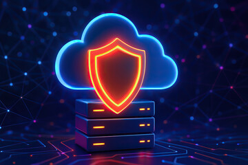 Fototapeta premium Cloud computing security concept with neon shield icon and server stack, glowing digital network background, representing data protection and cybersecurity technology