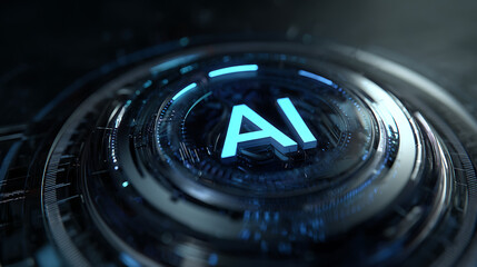 Futuristic glowing A I symbol on intricate metallic device artificial intelligence technology