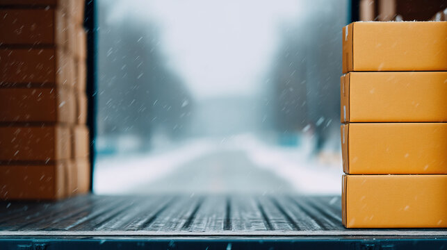 Open truck doors reveal stacked cardboard boxes inside during snowy weather, capturing cold and busy delivery scene with blurred winter background