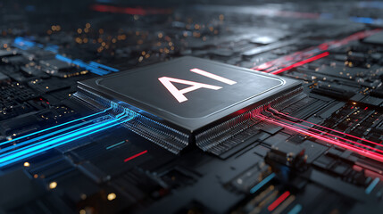 Glowing A I processor with illuminated data streams AI processor central processing unit
