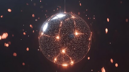 Gleaming futuristic metallic sphere embedded with tiny lights and geometric patterns in dark space