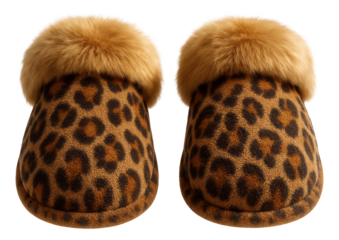 Animal print terry slippers featuring faux fur trim and a rounded toe.