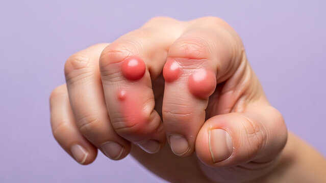 Close up of severe blisters on a person s fingers and knuckles