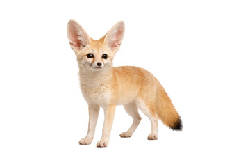 fennec fox standing alert, full body view isolated on a pure white background. Cute desert fox with large ears, sandy fur, and natural wildlife proportions