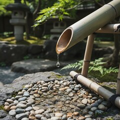 Tranquil Zen Japanese Garden with Bamboo Water Spout and Falling Water Drop into Pebbles