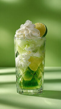Refreshing dirty soda beverage with lime and coconut captured in close-up. Carbonated bubbles, crushed ice, and retro glassware create a trendy, indulgent summer drink scene