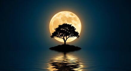 Solitary tree silhouetted against a giant full moon reflected in water