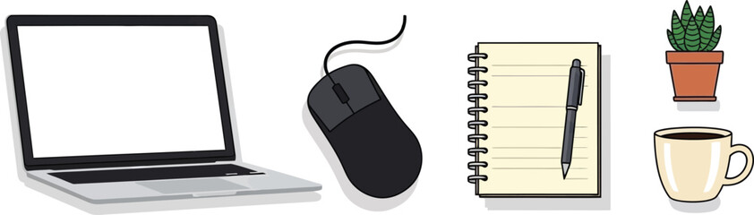 Flat design illustration set of 6 home office desk items laptop computer mouse notebook pen potted succulent and coffee mug