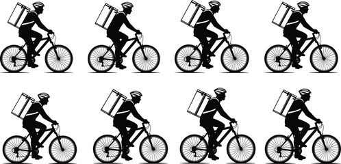 Bicycle courier silhouette collection showing delivery riders with backpacks cycling in urban environments, food and parcel delivery service concept
