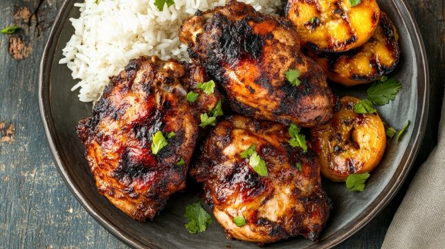 Grilled Caribbean Jerk Chicken Dish with Rice and Plantains