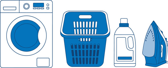 Flat illustration set of 4 laundry room items washing machine laundry basket detergent bottle and clothes iron