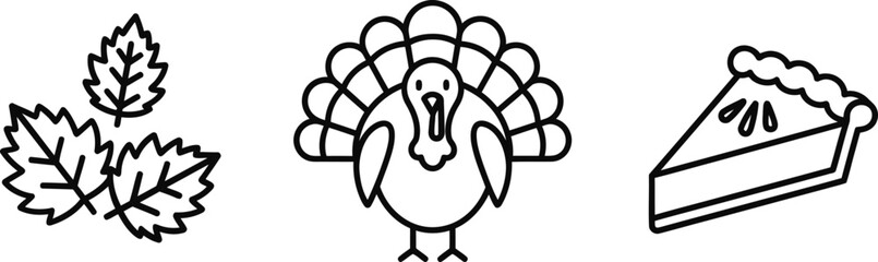 Thanksgiving icon set with turkey, pie, and leaves