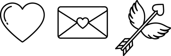 Valentine&rsquo;s Day icon set in black and white featuring hearts, love envelope, and cupid arrow, simple line vector