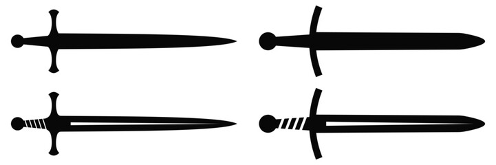 Sword Icon Set Vector: Samurai, Ninja, and Claymore Blade Silhouettes. Flat Black Symbols for Games, 
Weapons, and Warrior Design Isolated on White.