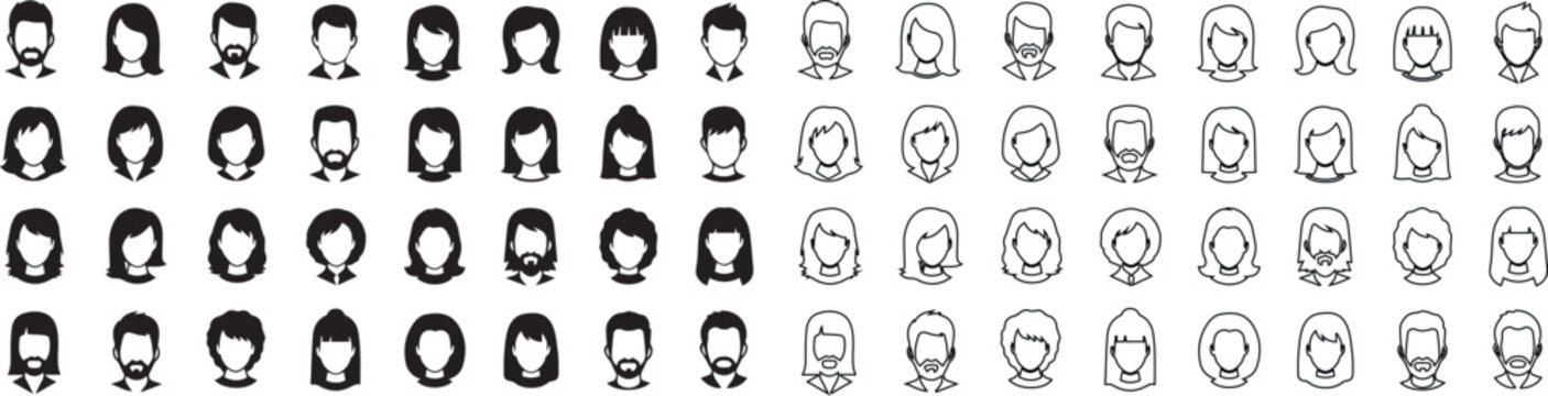 Modern flat and line art vector set of diverse user avatar icons with various hairstyles. isolated PNG with Transparent Background