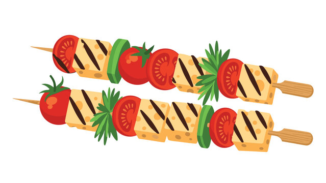 Delicious grilled skewers featuring halloumi cheese, vibrant tomatoes, fresh cucumber, and sweet pineapple create a colorful and appetizing presentation.