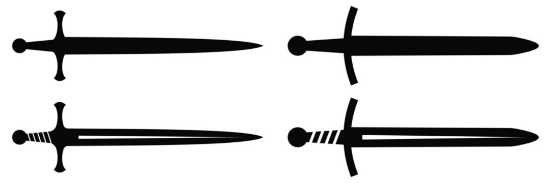 Sword Icon Set Vector: Samurai, Ninja, and Claymore Blade Silhouettes. Flat Black Symbols for Games, 
Weapons, and Warrior Design Isolated on White.