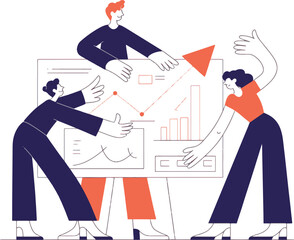 Group of office employees analyzing marketing statistics and planning strategy together