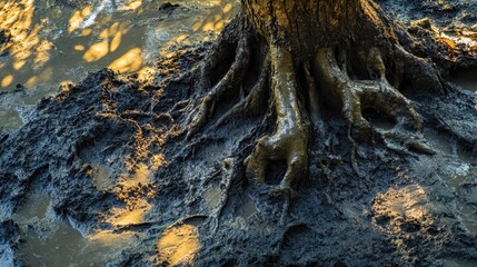 Intricate gnarled tree roots exposed and covered in mud and wet earth with sunlight casting shadows