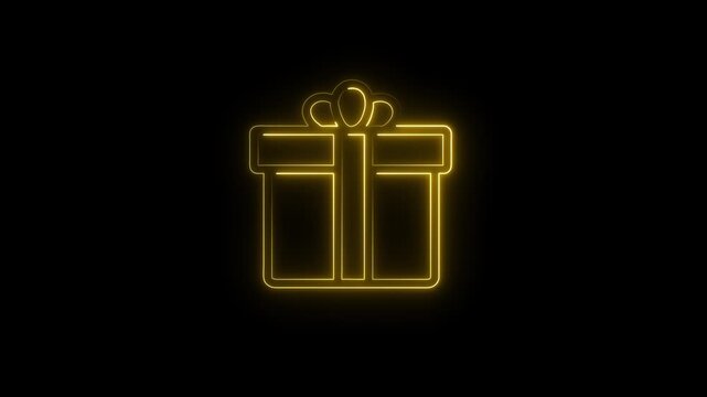Neon gift box icon animation on black background with glowing outline for reward offers, special promotions, loyalty programs and modern digital marketing visuals