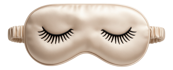 Silk sleep mask featuring an elastic strap and embroidered lash pattern.