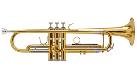 Brass trumpet instrument with valves and bell