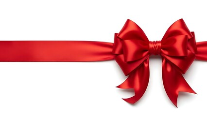 Perfectly tied red satin ribbon bow isolated on a clean white background, ideal for birthdays and Christmas marketing.