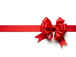 Classic decorative red gift bow tied onto a straight ribbon, featuring a rich satin sheen and festive appearance.