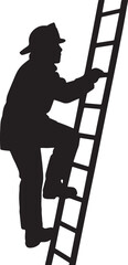 Black silhouette of a worker climbing a ladder towards success or progress