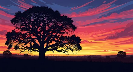 Majestic silhouette of an ancient oak tree against a fiery sunset sky