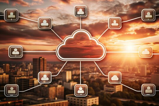 Cloud computing network connecting people in modern city at sunset - Powered by Adobe