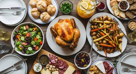 Overhead view of a complete delicious meal prepared on a wooden table setting