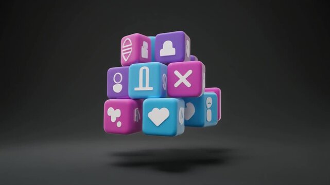 Stack of rounded square blocks with social media and abstract icons in pink and blue cubes