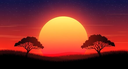 Vibrant african sunset with silhouetted acacia trees under starry sky