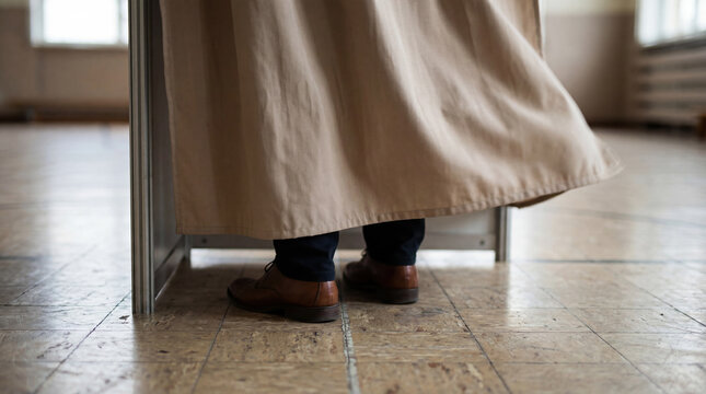 Low angle view of a voter's feet standing behind the beige curtain of a voting booth. Anonymous citizen performing their civic duty inside an isoloir at a polling station on election day.