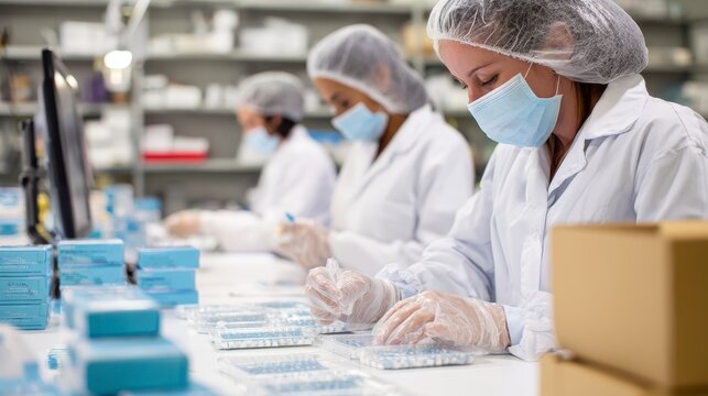 Close-up of three workers in protective gear, focused on packaging pharmaceutical products, within a brightly lit facility